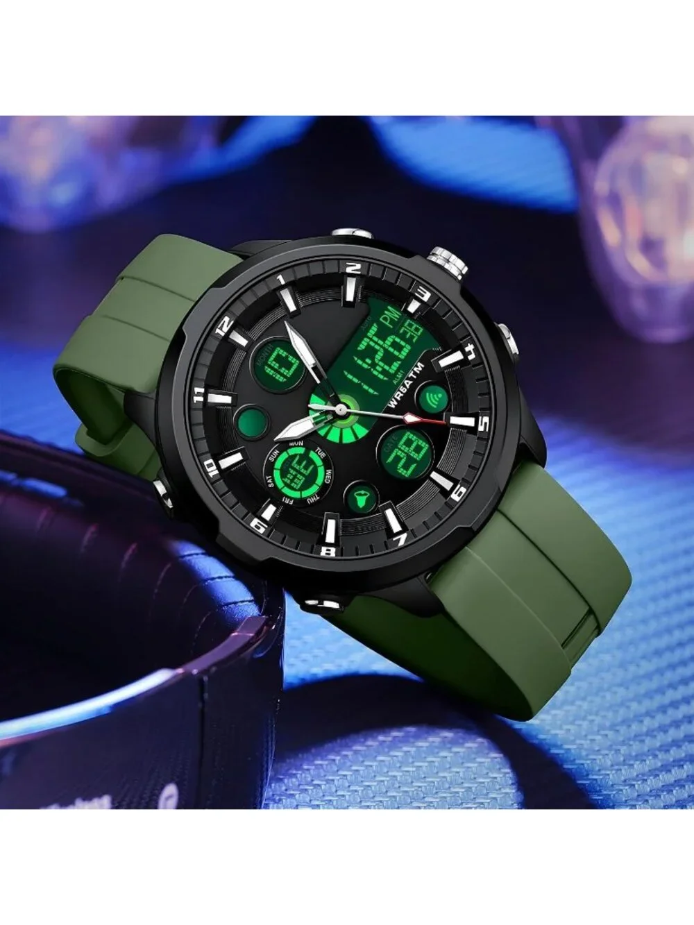 Men Green Large Face Watches Chronograph Waterproof Sport Military Heavy Duty